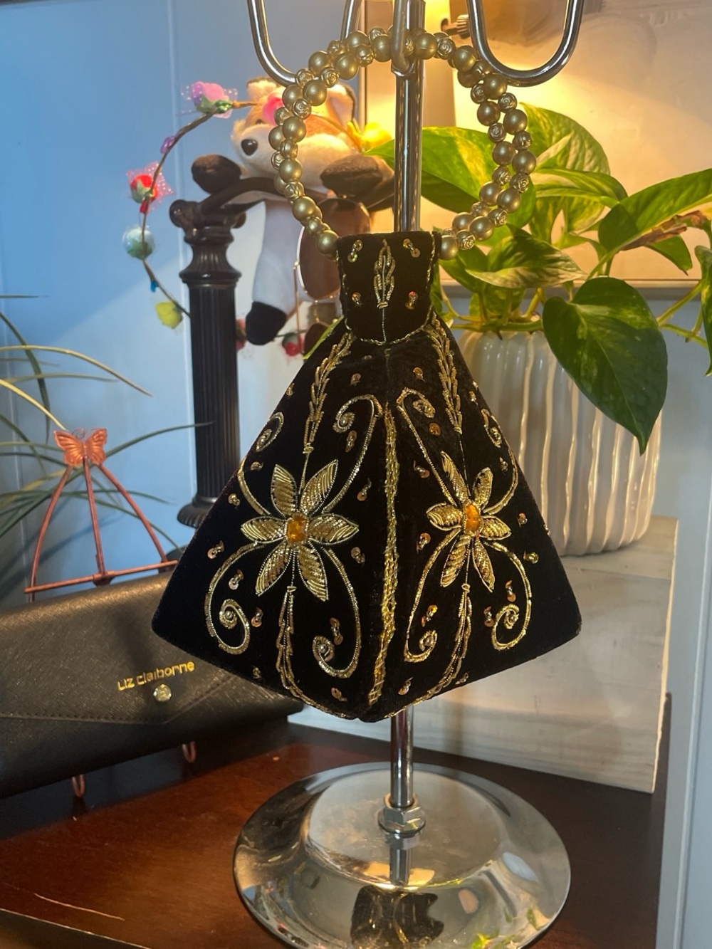 Gold-Embroidered Black Velvet Wristlet Clutch with Beaded Handle